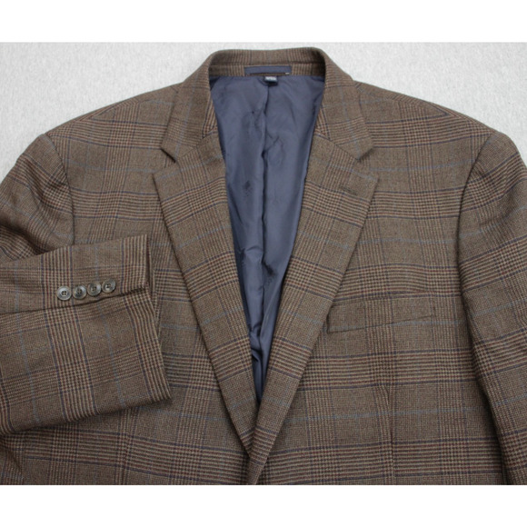 Jos A Bank Blazer 1905 Mens Size 44R Brown Plaid Wool Blend 2 Buttons Stretch - Picture 1 of 11